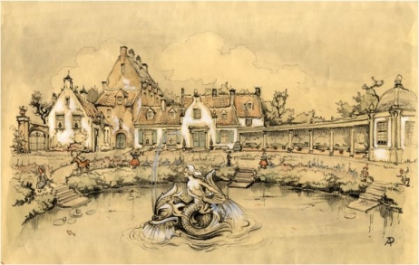 Schets van Anton Pieck met de achterzijde van het café-restaurant en de vijver in de sprookjestuin van Alida Meulenbroeks waarin Pieck een fontein had bedacht. Ook de reeds aanwezige tuinbeelden van Alida krijgen een plekje in Piecks ontwerp (1957) | Beeldcollectie RHCe.